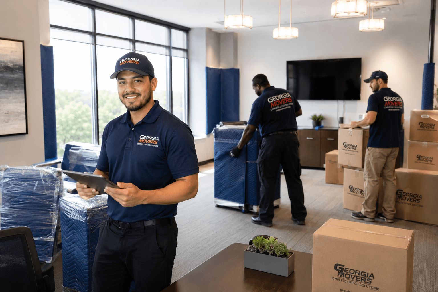 A commercial moving foreman running the job from the MoveKore app on a tablet during an office move